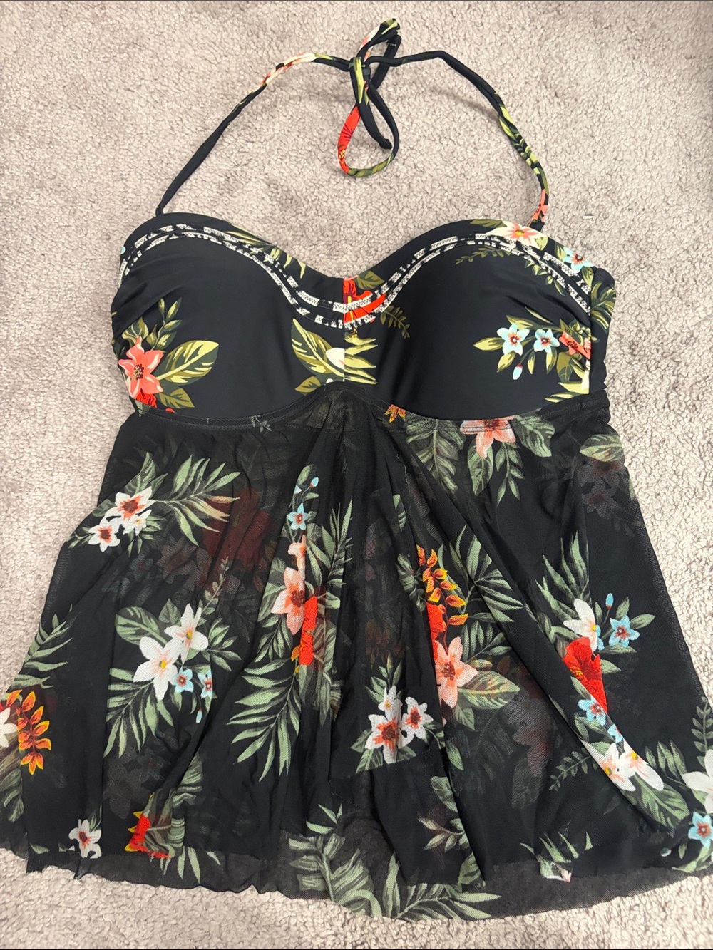 Black Floral swim top with Tropical Print